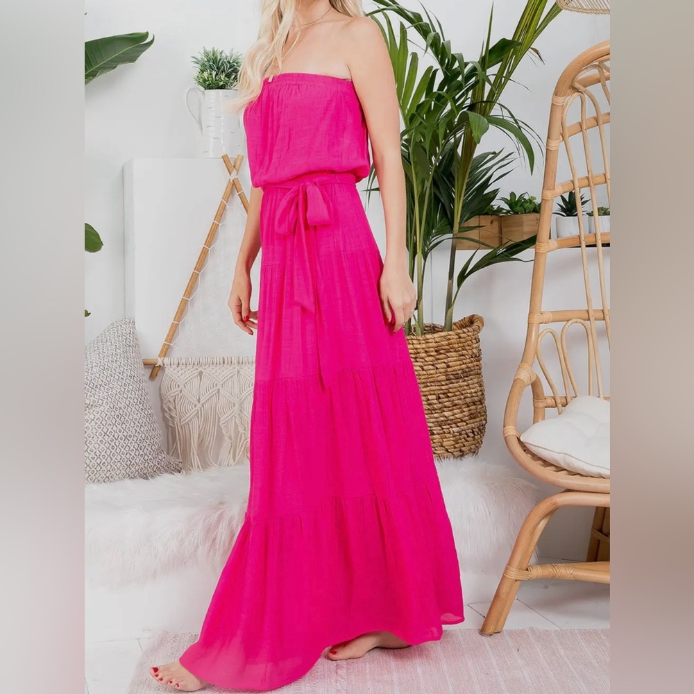 Hot Pink Strapless Tiered Maxi Dress